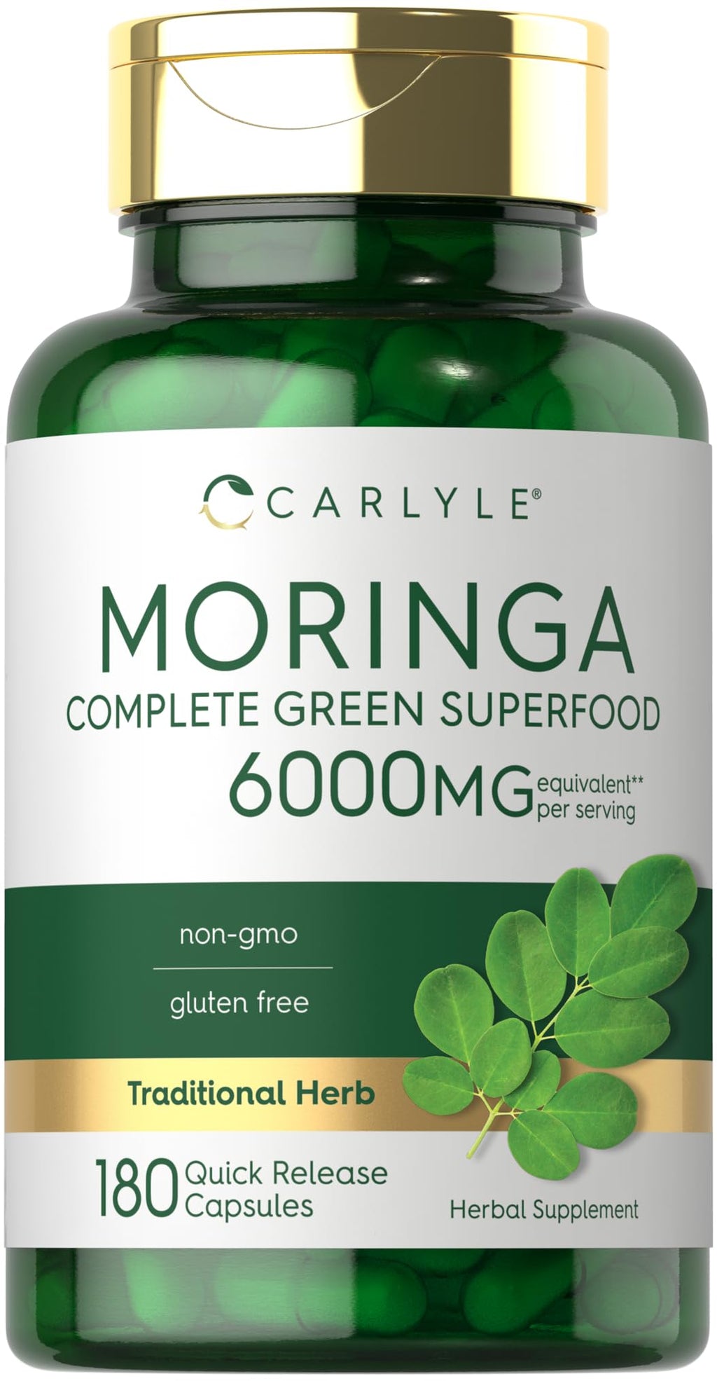 Carlyle Moringa Oleifera | 180 Cápsulas | Suplemento sin OGM y libre de gluten | Súper alimento verde completo | de Polvo de Hoja de Moringa